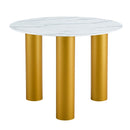 Table and chair set, round table with white marble pattern, gold MDF table legs, soft and comfortable dining chair, suitable for kitchen and living room