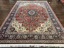 Fine Sino Persian Rug 7x10 ft, Floral Central Medallion Oriental Carpet, Red Navy Blue Cream, Hand Knotted Wool Traditional Vintage Rug