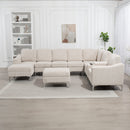 Convertible Sectional Corduroy  Sofa with Storage Ottoman,Cupholders, USB Ports for Living Room Apartment,Beige