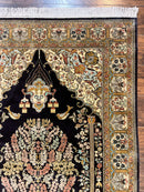 Wonderful Sino Persian Silk Rug 4x6, Tree of LIfe Design, Masterpiece 575 KPSI, Birds, Prayer Rug, Black, Silk on Silk