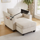 Convertible Chaise Lounge Sofa Chair Sofa Bed with USB Ports, Cup Holders, Phone Holder, and Storage, Beige Corduroy, 37.4'