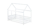 Twin Size House Floor Wooden Bed with Roof Frame,Safety Guardrails,White