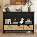 TREXM Retro Console Table with 3 Storage Drawers, Entryway Table with 3 Water Hyacinth Woven Baskets,Wooden Accent Sofa Table Buffet Cabinet for Entryway, Hallway and Living Room (Espresso)