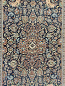 Persian Kashan Rug 4x7, Floral Medallion Vintage Handmade Hand Knotted Navy Blue & Red Wool Oriental Carpet, Highly Detailed Semi Antique Rug