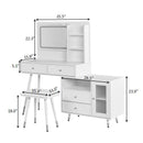 Modern Makeup Vanity Desk with Mirror and Lights, Retractable Dressing Table with Drawers and Cabinet, Compact Makeup Table Set with Power Outlet for Bedroom, White