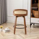 Set Of Two 25 Inch Beige Rattan Swivel Counter Stools With Linen Upholstery Mid Century Modern