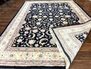 Indo Persian Rug 9x12, Navy Blue and Ivory/Cream, Floral Allover, Wool Vintage Handmade Carpet