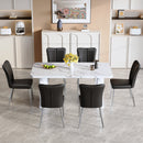 Table and chair set.64.5x35.4 Inch Stylish White Marble Textured Dining Table.Paried With 6 Black PU Chairs with a vertical stripe design on the backrest.Create Your Exclusive Low-Key Luxury Space.