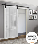 Felicia 3312 White Barn Door with 12 Lites Frosted Glass and Black Rail
