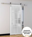 Felicia 3312 White Barn Door with 12 Lites Frosted Glass and Silver Finish Rail