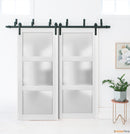Lucia 2552 Matte White Double Barn Door with Frosted Glass | Black Bypass Rails