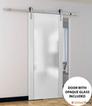Planum 4114 White Silk Barn Door with Frosted Glass and Silver Finish Rail