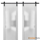Planum 4114 White Silk Double Barn Door with Frosted Glass and Black Rail