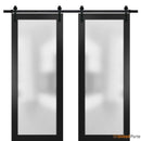 Planum 2102 Matte Black Double Barn Door with Frosted Glass and Black Rail
