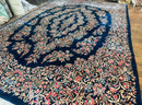 Antique Persian Kerman Rug 10x13, Navy Blue Floral Carpet, Fine 270 KPSI