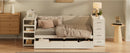White Wooden Twin Size Daybed with Side Shelves & Drawers, Multi-Functional Desk & Charging Station