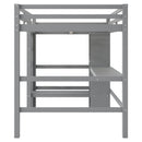 Full Size Loft Bed with Multifunction Shelves and Under-bed Desk, Gray