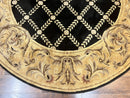Oval Tibetan Rug 8x10, French Aubusson Design, Wool Handmade Vintage Carpet, Black & Beige, Soft Wool Pile