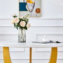 Table and chair set.Luxurious Snow Mountain White Slab Round Dining Table Set - 47'x47' with 4 Black PU Chairs with Simple Line Designs On The Backrest .Golden Metal Legs.