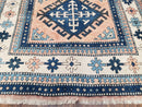 Turkish Kazak Rug 5x8 ft, Bold Geometric Bohemian Carpet, Blue and Ivory Hand Knotted Area Rug, Medium Sized High Quality Wool Oriental Rug