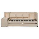 Twin Size Upholstered Daybed with Drawers, Shelves, Flip Cabinets & Side Table (Beige)