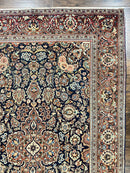 Persian Kashan Rug 4x7, Floral Medallion Vintage Handmade Hand Knotted Navy Blue & Red Wool Oriental Carpet, Highly Detailed Semi Antique Rug