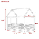 Twin Size House Floor Wooden Bed with Roof Frame,Safety Guardrails,Pink