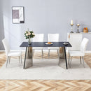 Table and chair set.63'x31.5x30' Black Marble-Patterned Slabs Tabletop with Stainless Steel Butterfly Legs.Paired with 4 white PU dining chairs with a vertical stripe design on the backrest.