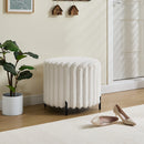Beige Upholstered Round Pouf Ottoman Foot Rest with Black Metal Legs, Faux Fur, 22.05' Wide