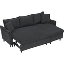This 80-inch black corduroy L-shaped sofa comes with two small throw pillows that can be converted into a sofa bed for storage