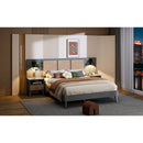 Queen Size Solid Wood Bed Frame with 2 Nightstands, Elegant Design with Lamps, Rattan and Wood Combination,Gray