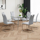 Modern simple round glass table, wear-resistant tempered glass countertop, electroplated table legs, grey PU dining chair set, suitable for restaurant kitchen use (set of 7)