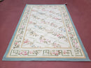 Vintage Aubusson Area Rug, Aubusson Flat weave Carpet, Floral Geometric Pattern, Beige Teal Green, 4x6 Rug, European Design