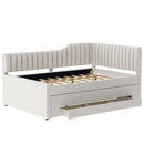 Full Size Upholstered Daybed with Trundle and Three Drawers, Beige