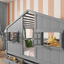 Full Size House Loft Bed with Roof, Windows,4 Storage Drawers,Pine Wooden Bed with Safety Guardrails,Ladder,Grey