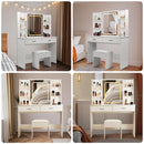 Vanity Desk with Mirror and LED Lights, 3 Lighting Modes and Power Outlet, 2 Spacious Drawers and Stool, White MDF