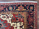 Persian Heriz Serapi Rug 8 x 10.6, Geometric Medallion, Great Colors, Rare, Red Navy Blue Ivory