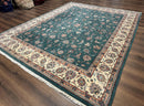 Indo Persian Rug 8x10, Green and Beige Oriental Carpet, Traditional Wool Area Rug, Floral Allover Pattern