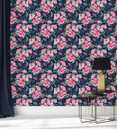 Stylish Dark Blue Wallpaper with Pink Flowers Chic