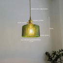 Chevron green glass pendant light – kitchen brass hanging lamp