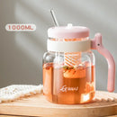 Clear 1000ml glass tumbler with handle and straw kitchen water bottle