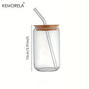 Clear glass tumbler cups with bamboo lid and straw kitchen set