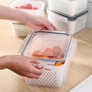 Clear white fridge storage containers with drain basket for kitchen