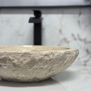 Round Bowl Tan Travertine Vessel Bathroom Sink - Handcrafted Natural Stone Above Counter Vanity Basin