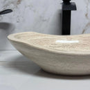 Oval Polished Tan Travertine Vessel Bathroom Sink - Handcrafted Natural Stone Above Counter Vanity Basin