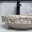 Round Tan Travertine Vessel Bathroom Sink - Handcrafted Natural Stone Above Counter Vanity Basin
