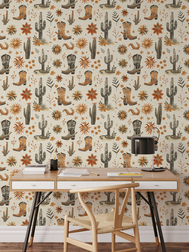 Desert Cactus and Cowboy Boots Wallpaper