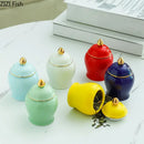 Colorful ceramic storage jar with gold lid kitchen tea caddy