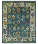 Colorful Teal, Ivory, Purple and Mustard Hand Knotted Traditional Oushak 8x10 wool Area Rug