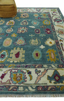 Colorful Teal, Ivory, Purple and Mustard Hand Knotted Traditional Oushak 8x10 wool Area Rug
